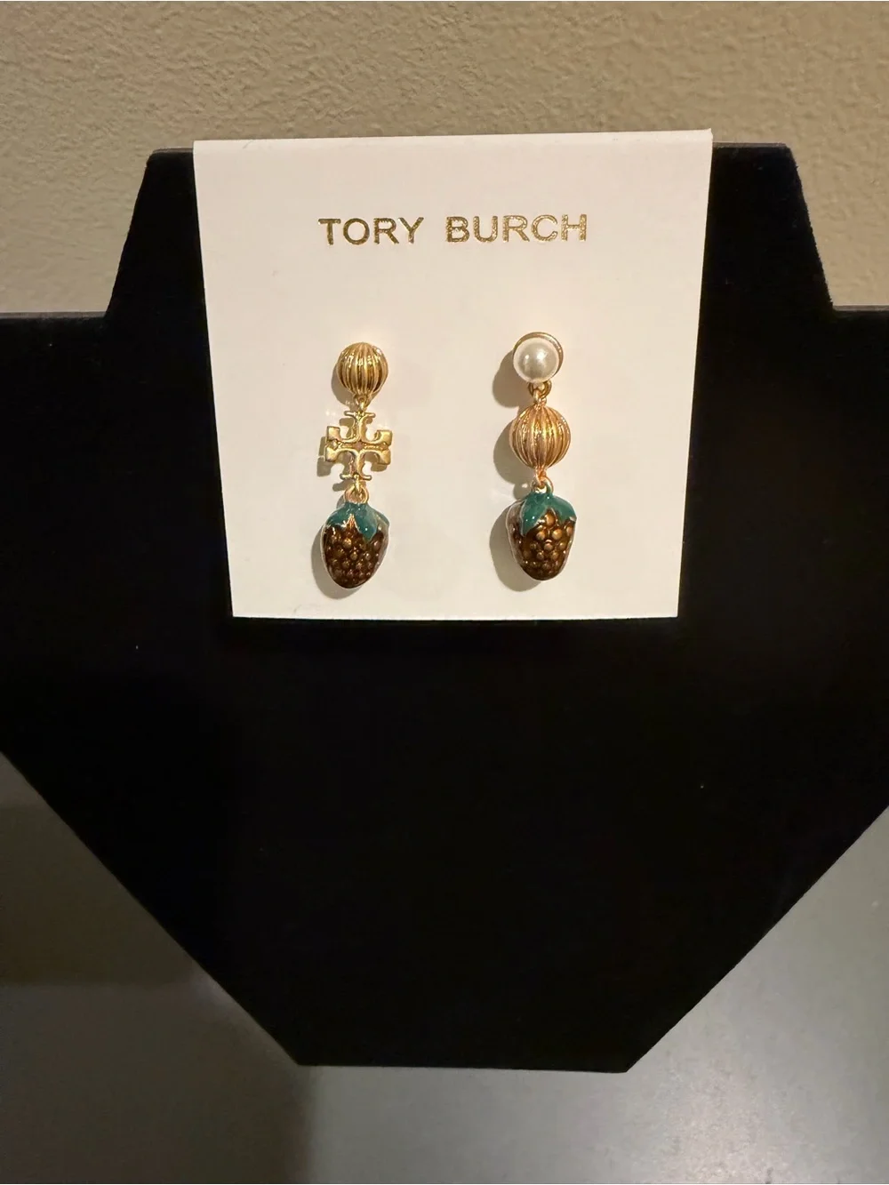 Tory Burch Gold-Tone Strawberry Drop Earrings with Green Enamel